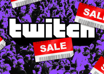 Twitch logo with people in the background and sign sale