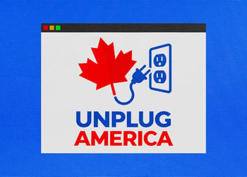 The logo of "Unplug America" website on a blue background