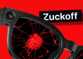 Zuckoff app logo with broken Meta glasses in the red background