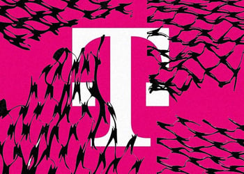 T-systems logo in the pink background with wired fence patterns