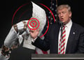 A robot hand holding a piece of paper and Donald Trump
