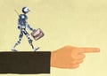 right arm, black sleeve, finger pointing right, tin robot on arm sleeve, carries suitcase