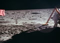 neil armstrong, white space suit, moon surface, grey crator, usa flag