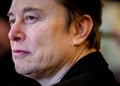 elon musk, profile, black suit, face close up, curly eyebrow, wrinckles on face skin