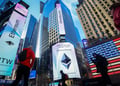 new york times square, ethereum signage, tall buildings, usa flag, people walking, clear blue sky