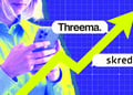 Logos of messaging apps Threema and Skred, a person using a smartphone, up arrow symbol