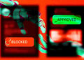 A split-screen of AI blocking and approving content on social media.