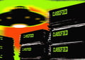 A UFO hovering above classified files.