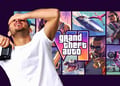 A disappointed gamer next to imagery of the upcoming GTA VI video game