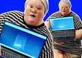 A human content creator with her "AI child" on her laptop.