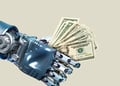 robot hand  holding dollar bills