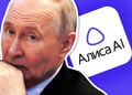 Russia's president Vladimir Putin, the logo of  Alice AI