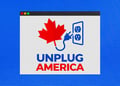 The logo of "Unplug America" website on a blue background