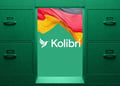 The logo of Kolibri and German flag between 2 green cabinets with drawers